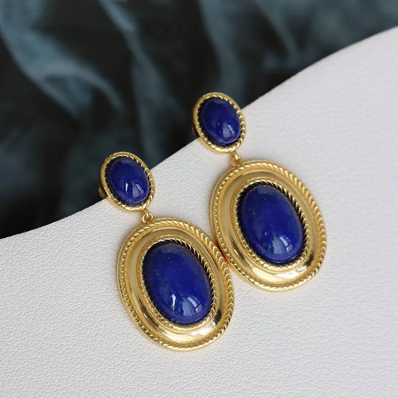 

Fashion Chunky Natural Oval Lapis Drop Dangling Ear Stud 925 Silver Bazel Setting Lazuli Big Earring Daily Blue Ornament Bijoux