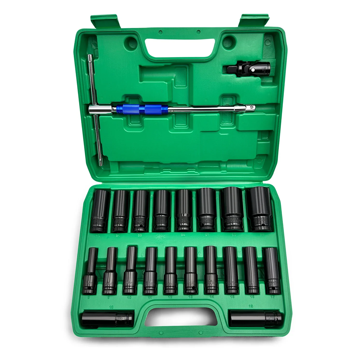 22pcs Combination Drive Extended Socket Hexagonal Impact Sleeve Set with Portable Storage Case 8-32mm Torque for Motor Repair
