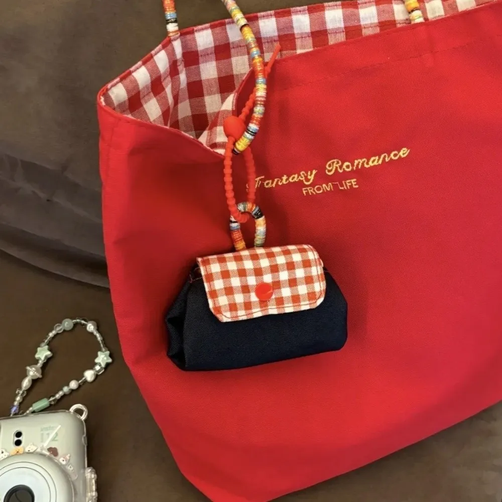 

Cute Plaid Storage Bag Small Canvas Bag Pendant Snap Button Portable Mini Coin Purse Bag Pendant