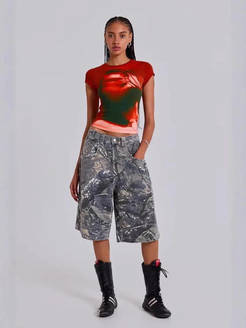 

American Sle Vintage Street Loose Fit Camouflage Print Casual Straight Leg Jeans Seven-Foot Summer Jeans for Women