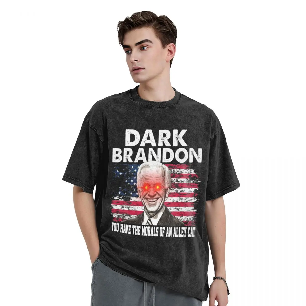 Dark Brandon Men Washed T-Shirt Hot stamping Print Tees,You have the morals of an alley cat Men's Summer Short Sleeve Tees