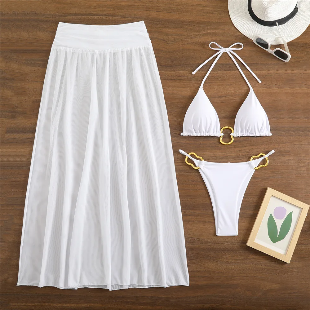 Metal Ring Black Halter Triangle Bikinis Sets 3 Pieces Mesh Skirts Cover Up 2025 Holiday Swimwear Sexy Swimsuit Women Beach Wear