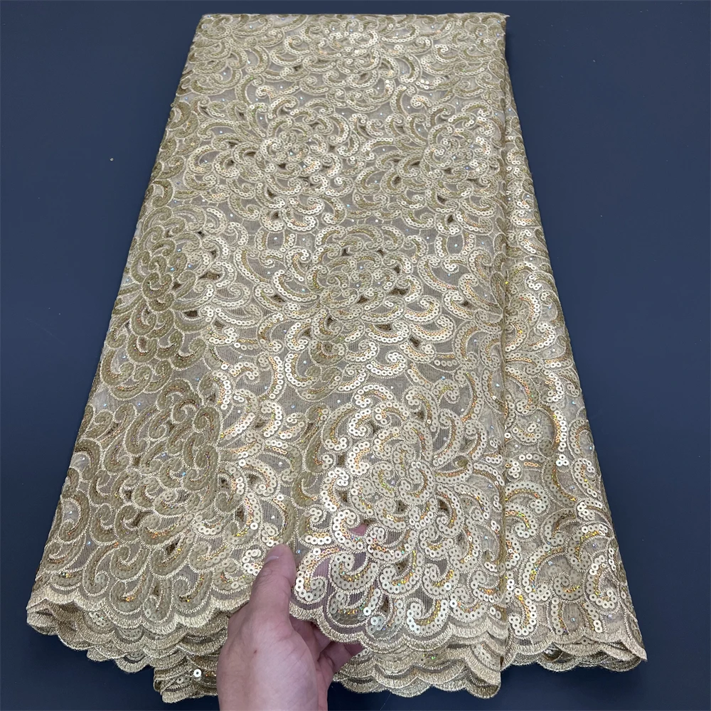 

2026 African Nigerian High-Quality Sequins Tulle Lace Fabric 5Yard for Prom Dresses Beads Embroidery Sewing Net Cloth PS0062