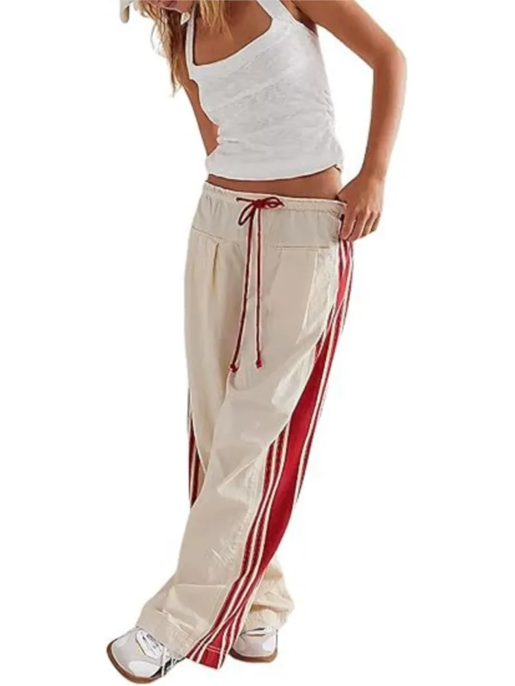 ربيع الخريف جديد الجانب مخطط مستقيم السراويل النسائية الرجعية الرياضة نمط الرباط فضفاض مريح عارضة السراويل تنوعا