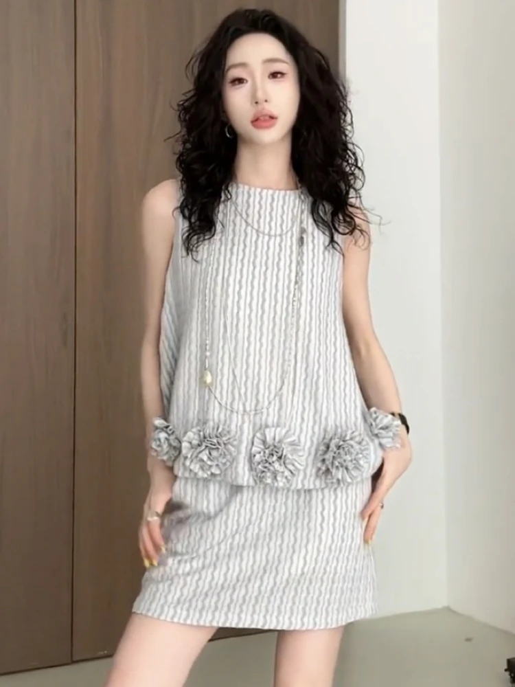 

Женский повседневный жилет без рукавов с 3D цветочным принтом + мини-юбка с высокой талией, новый летний модный элегантный вечерний комплект из двух предметов