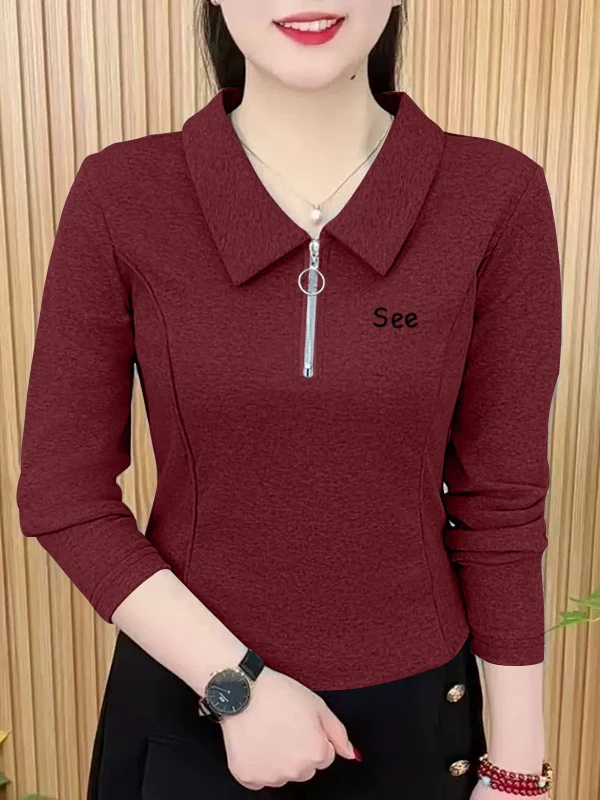 Camiseta de Manga Larga de Algodón Puro para Mujer, Estilo Coreano, Ajustada, con Cierre, Cómoda y Suave