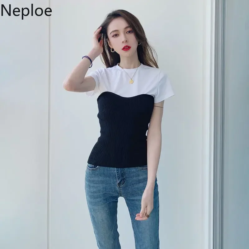 Neploe Slim Waist Patchwork T Shirt Contrast Color Black White Solid Short Sleeve Tee Summer Women Korean Fashion Sexy Top