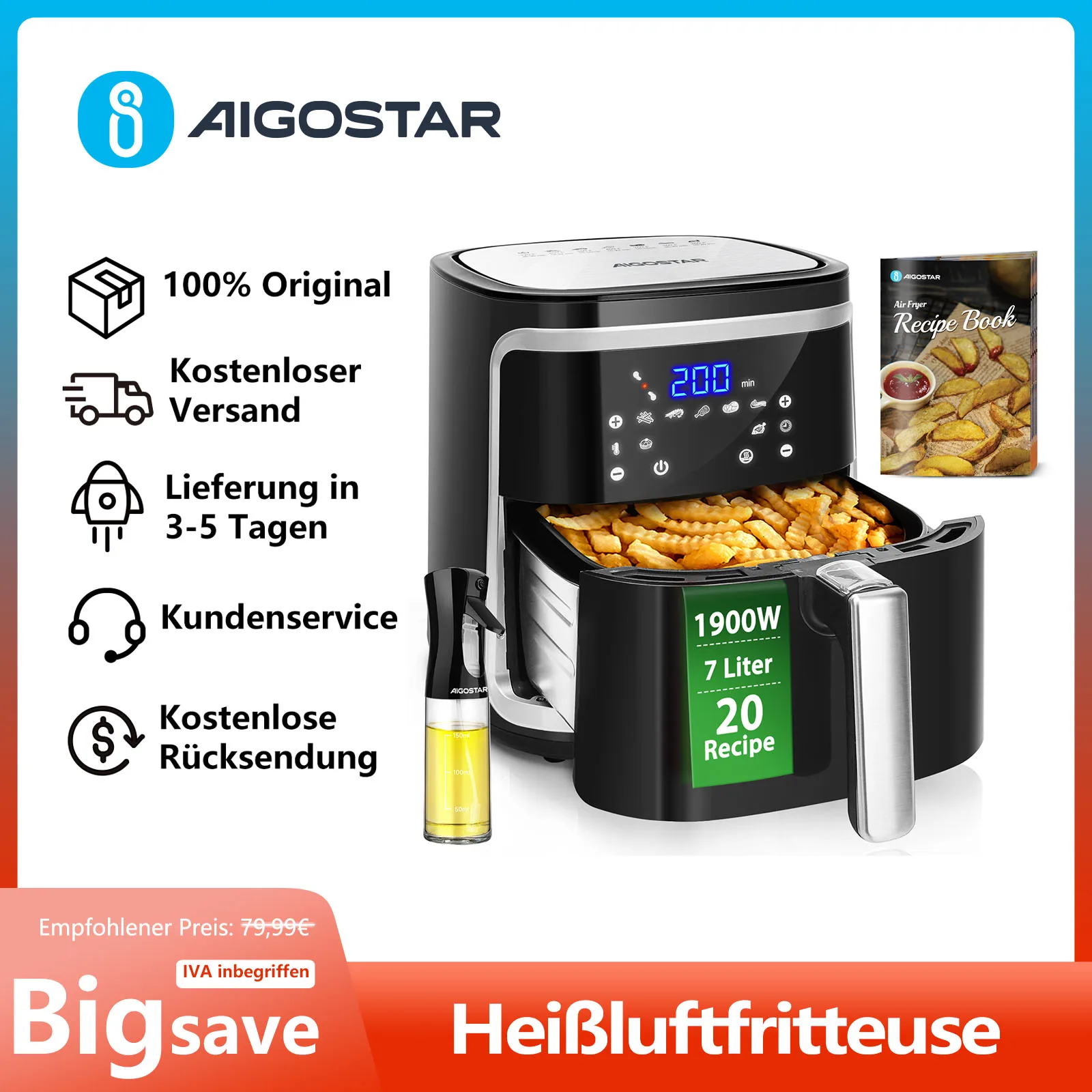 Aigostar Cube 30IBT - 7-in-1 Air Fryer, 1900W, 7L, LED Touch Panel, 7 Pre-programmed Choices, Oven, Roasting, Removable Non-Stic