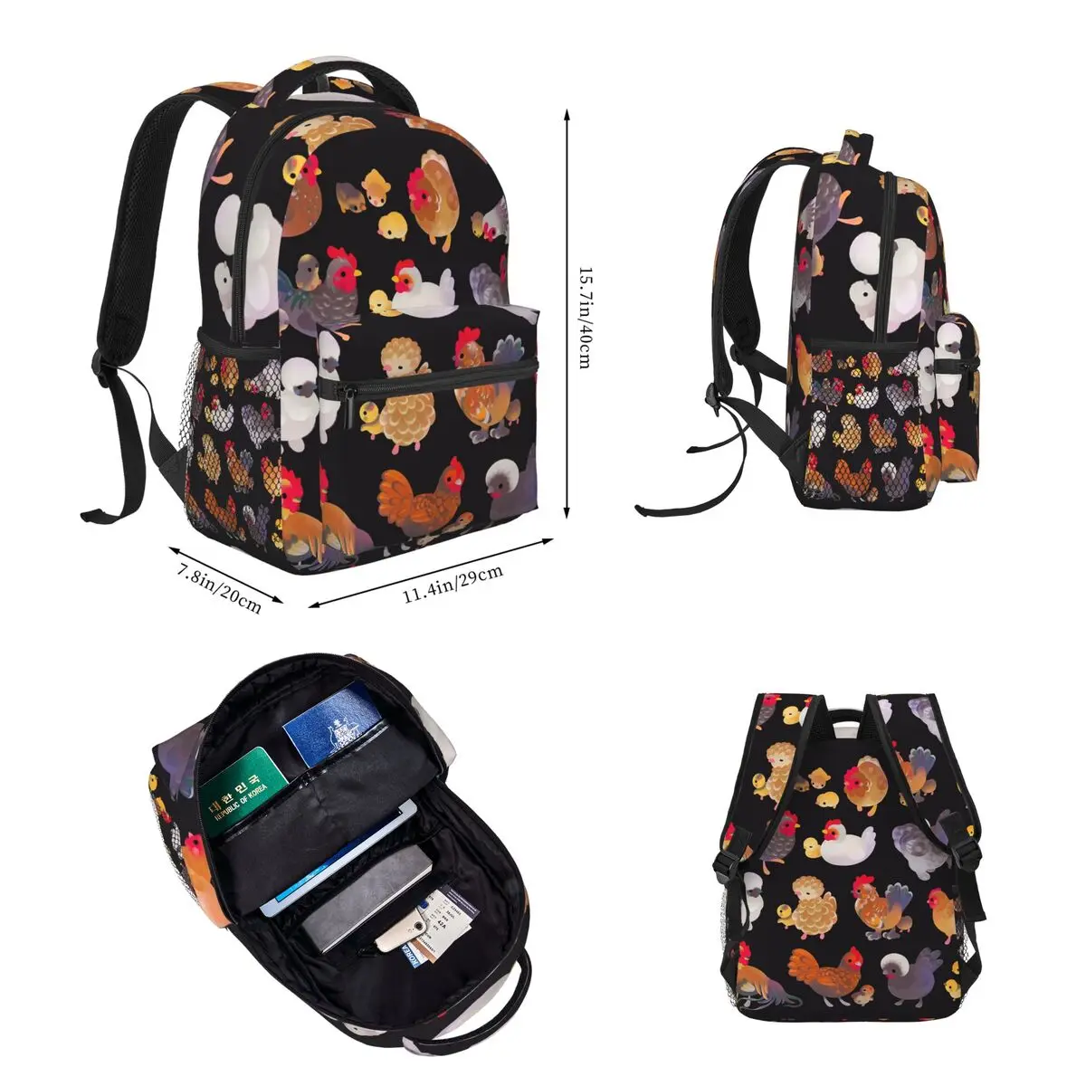 Chicken And Chick - Dark Backpacks Boys Girls Bookbag Students School Bags Cartoon Rucksack Lunch Bag Pen Bag Three-Piece Set