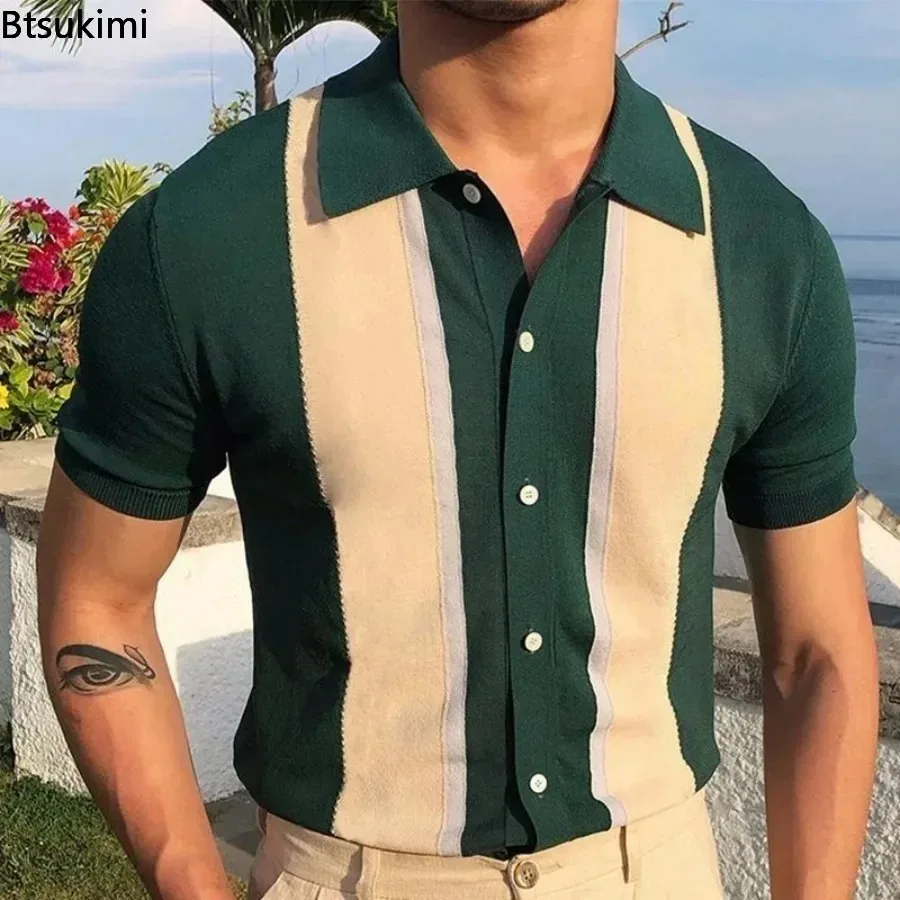 

2025 Casual Knitted Polo Shirt Men's Summer Vintage Striped Short Sleeve T-shirt Fashion Patchwork Breathable Business Golf Tops