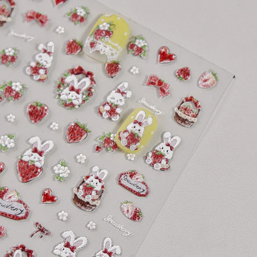 5D Relief Red Strawberry Lovely White Little Rabbit Bow Floret Adhesive Nail Art Stickers Decals Manicure Ornaments Suppliers