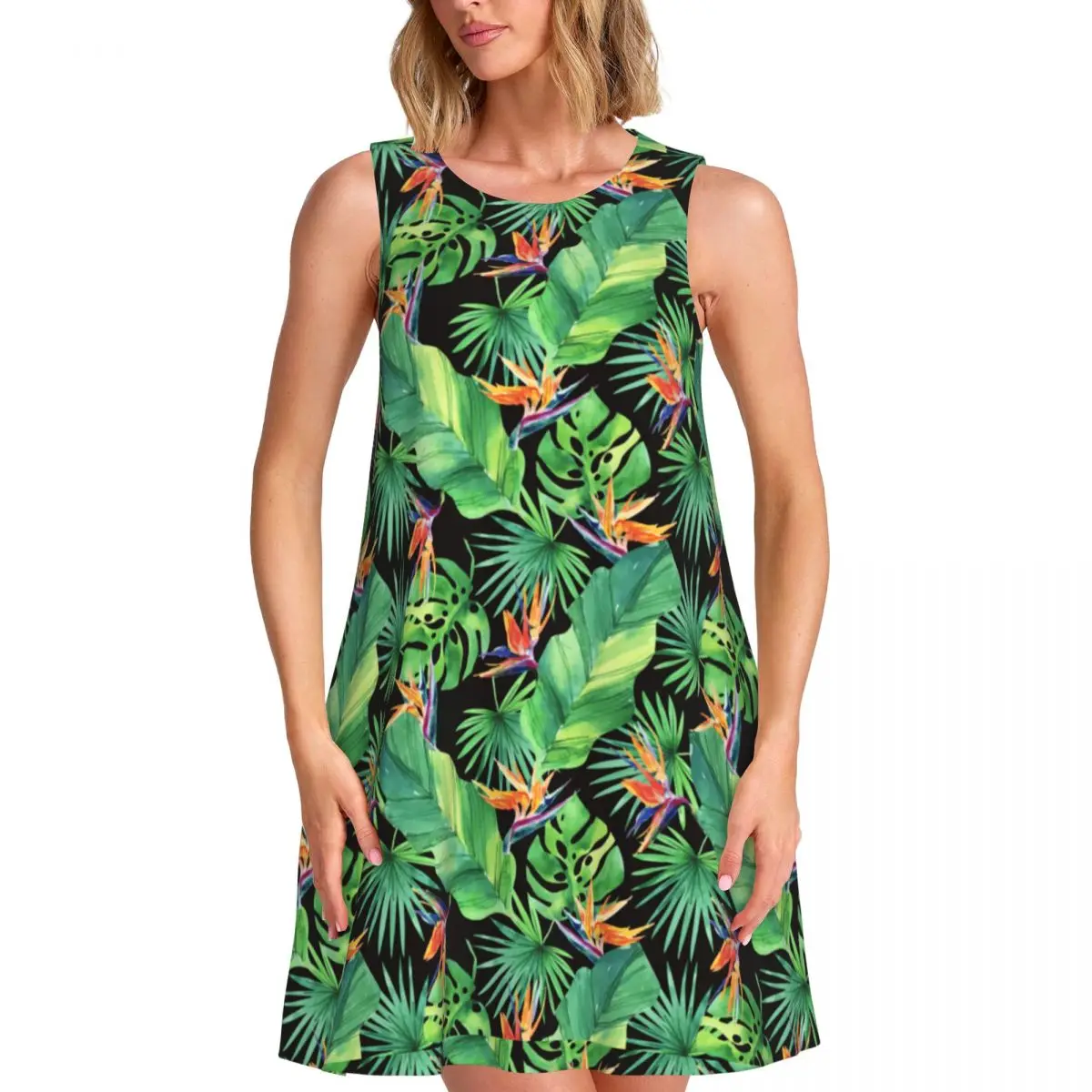 Jungle Tropical Print Casual Dress Bird of Paradise Korean Fashion Dresses Kawaii Dress New Arrival O Neck Lady Pattern Vestidos