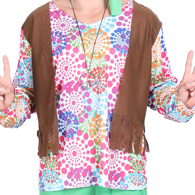 Adult Retro Green Hippie Halloween Costume Men 60s 70s Love Peace Cosplay Outfits Carnival Easter Purim Fancy Dress