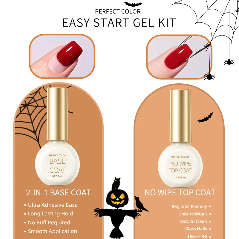 PERFECT COLOR Gel Nail Base & Top Coat Set, 8ml, DIY Manicure, Beginner Nail Care, Nail Strengthening, Nail Art, UV LED Cure