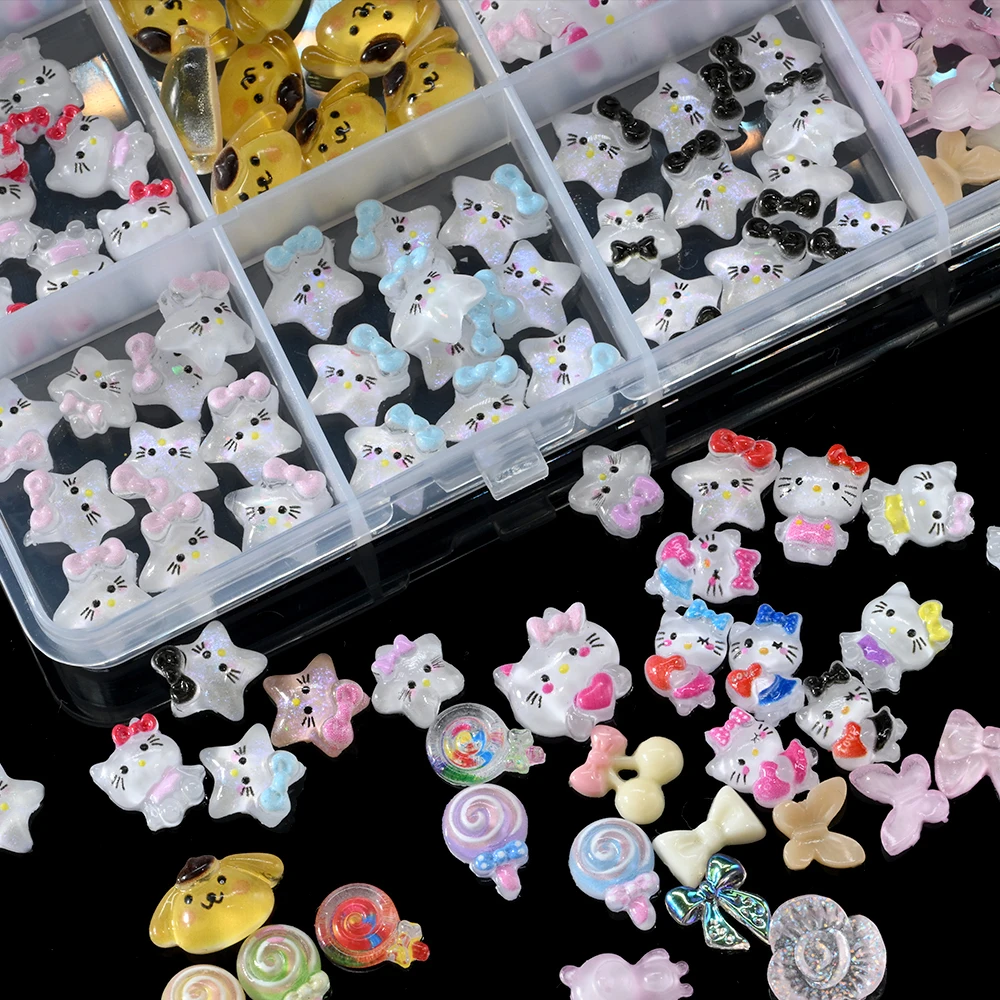 1 Box Mixed Hello Kitty Star Nail Charms Cartoon Resin Bowknot Kitty Cat Head Rhinestones DIY Kawaii Manicure Decoration