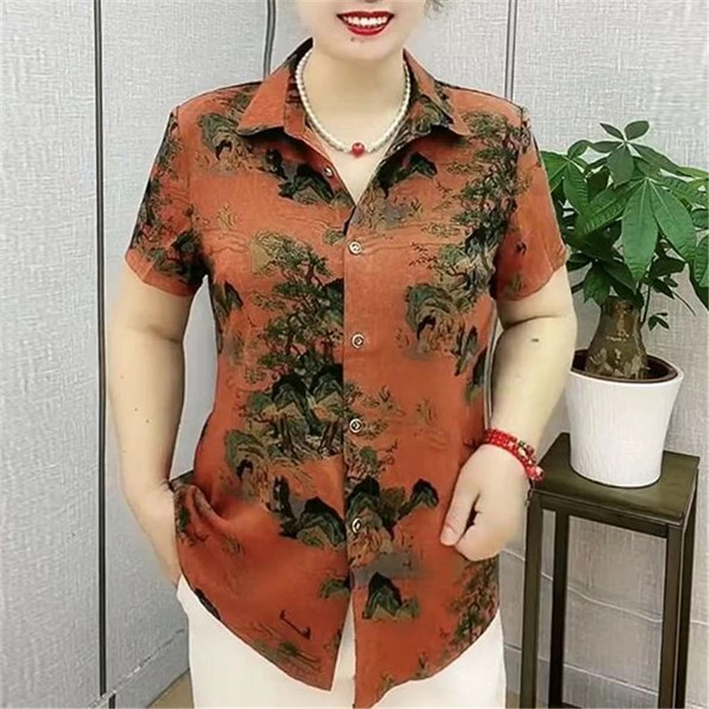 2023 Women Clothes Vintage Print Button Up Shirt Summer Fashion Turn Down Collar Short Sleeve Blouse Elegant Ladies Tops Blusas