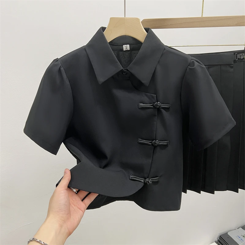 

Новая женская летняя рубашка в китайском стиле с коротким рукавом, обновленный топ, модная, стандартного кроя, с пуговицами, однотонная