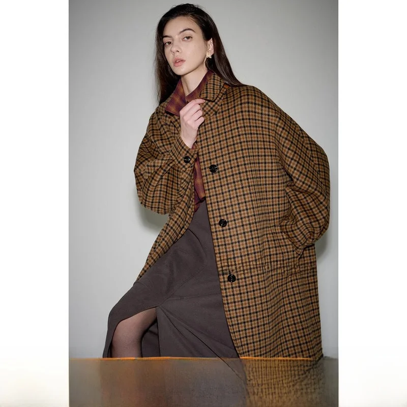 Reduced Price Woolen Retro Plaid Coat Stand Collar Slimming Double-Sided Hand-Stitched Woolen Coat Outerwear Korean Style Com...
