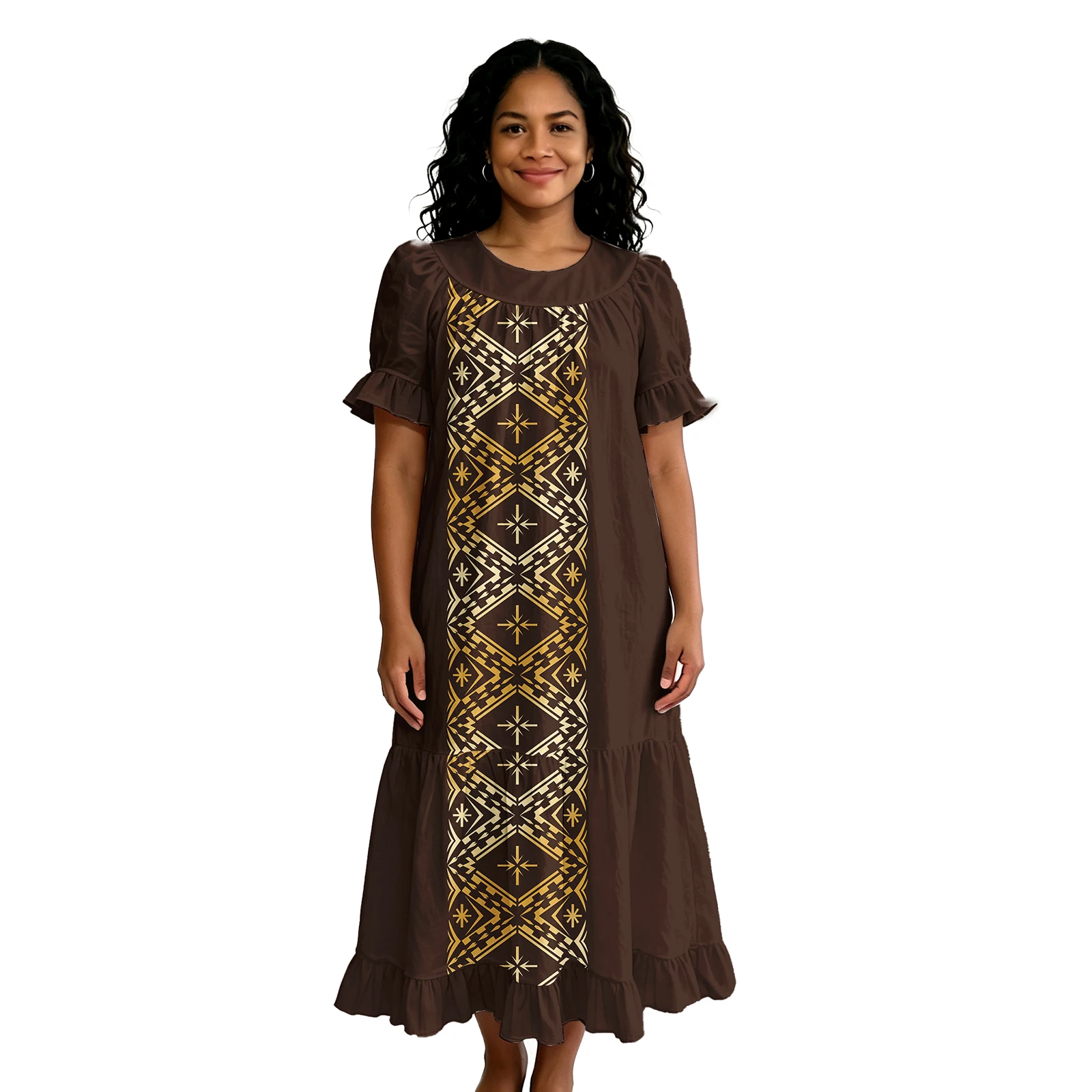Ladies Island Holiday Party Hawaiian Dress Spring Summer New Fashion Ruffles Sleeve Tribal Design Tapa Fiji Women Samoan Dress