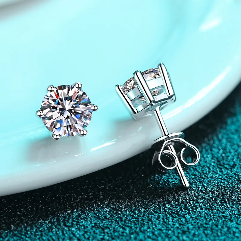 18K gold earrings, six-prong earrings, moissanite jewelry plated with PT950, platinum diamond earrings, small fragrance