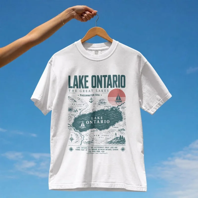Lake Ontario Vintage Chart T‑Shirt Outdoor Travel Graphic Print Unisex Oversized Short Sleeve Adventure Casual Streetwear Tees
