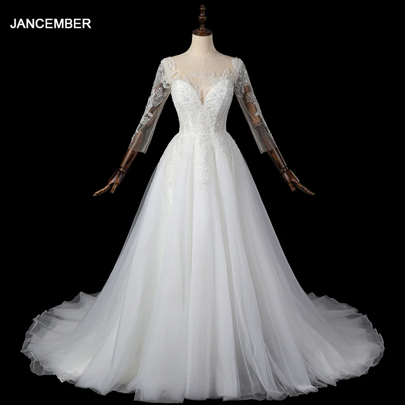 

Jancember O-Neck Three Quarter Illusion Sweep Train A-line Button With Embroidery Sequined Elegant Wedding Dresses LSDZ97