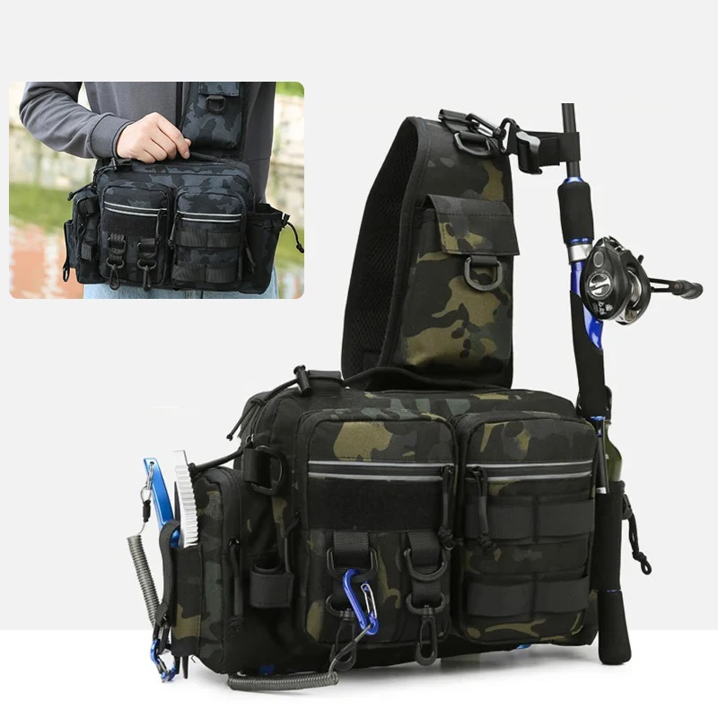 

Men's Fishing Sling Backpack w/ Rod Holder Tactical Sport Hunting Single-shoulder Strap Bag Portable Compartments for Lures Hook