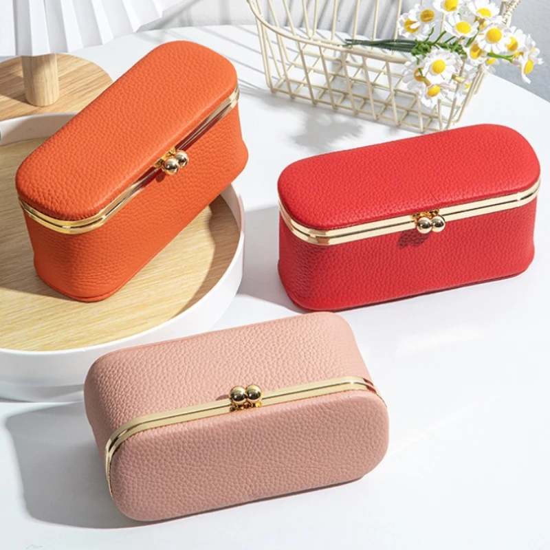Hard Genuine Leather Jewelry Storage Case Kiss‑Lock Clasp Travel Organizer for Lipstick, Rings, Earrings and Small Accessories