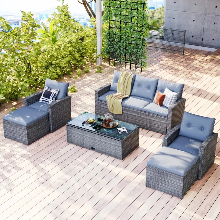 All-Weather PE Rattan Black Patio Outdoor Dining Conversation Sectional Set with Coffee Table Removable Cushions Beige