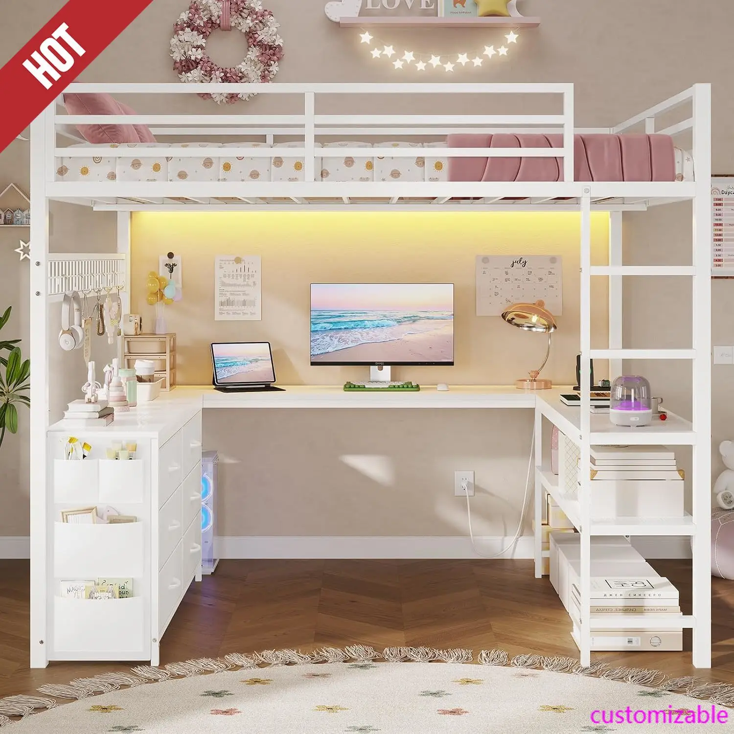 Customizable Loft Bed Full Size with U-Shaped Desk, 6 Storage Drawers, Power Outlet, LED Metal Loft Bed with 2 Storage Shelves,W