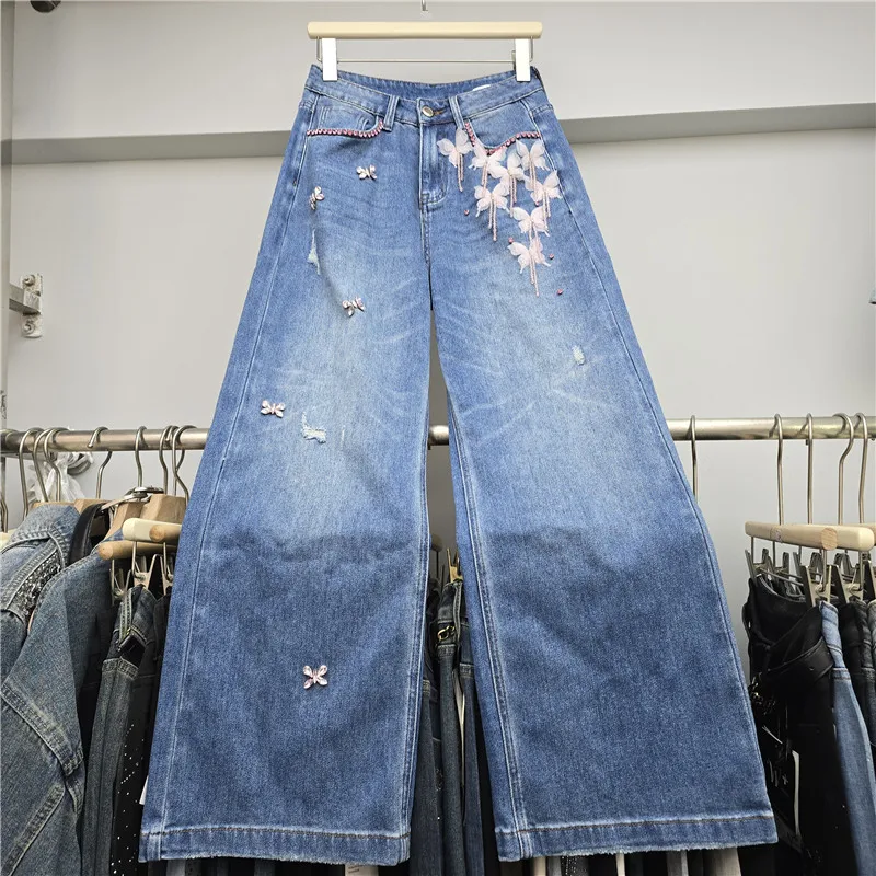 WTHT Vintage Women Beaded Butterfly Embroidery Design Denim Pants Autumn 2026 Irregular Holes Straight Jeans Female 1LS3188