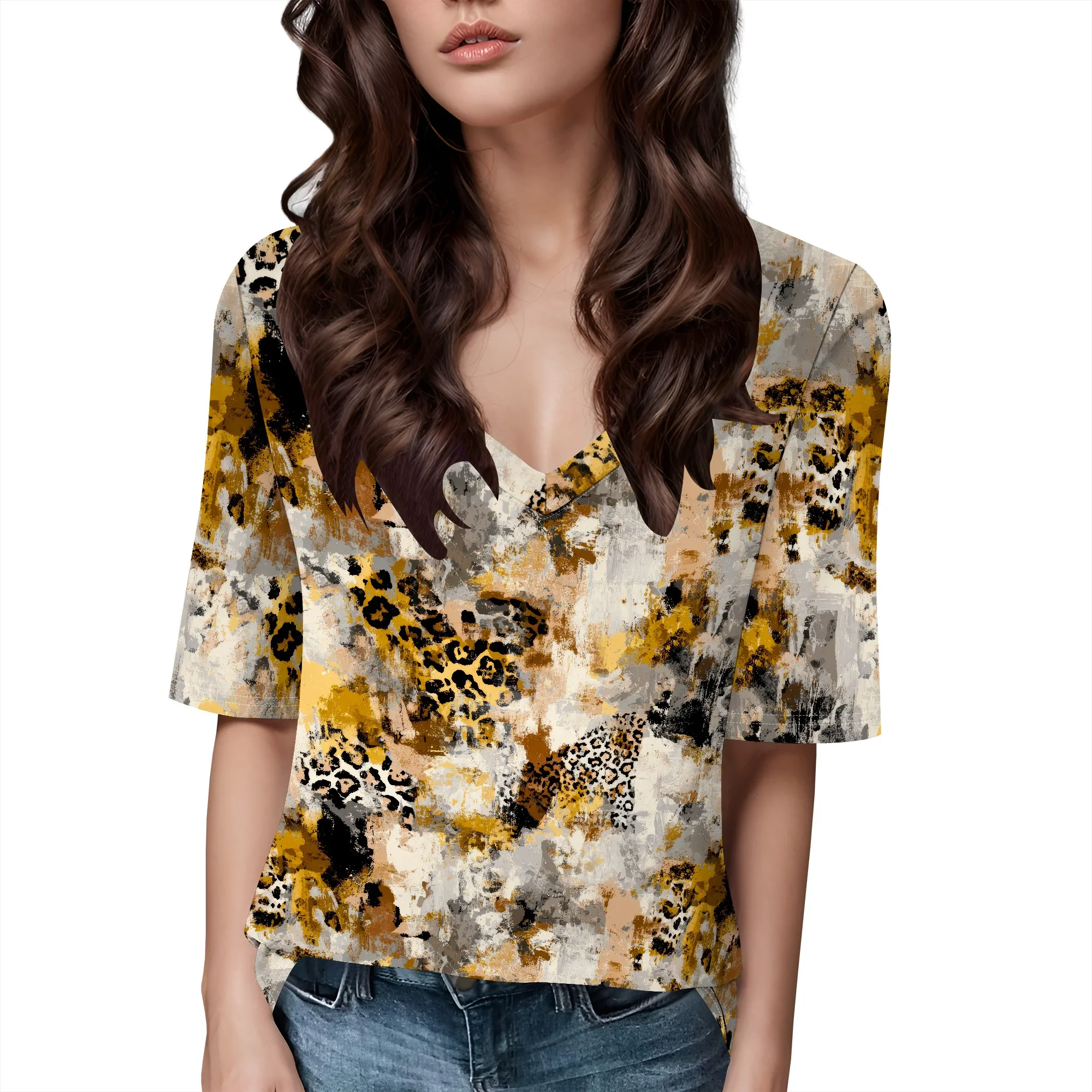 

3/4 Length Sleeve Womens Tops 2025 Floral Print Vintage V Neck Top Shirt Loose Plus Size Shirts Vacation Outfits