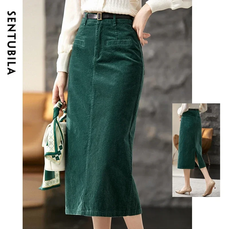 Sentubila-Saia midi de veludo cotelê feminino, cintura alta vintage, saia lápis dividida, 100% algodão, verde escuro, moda outono, 2023