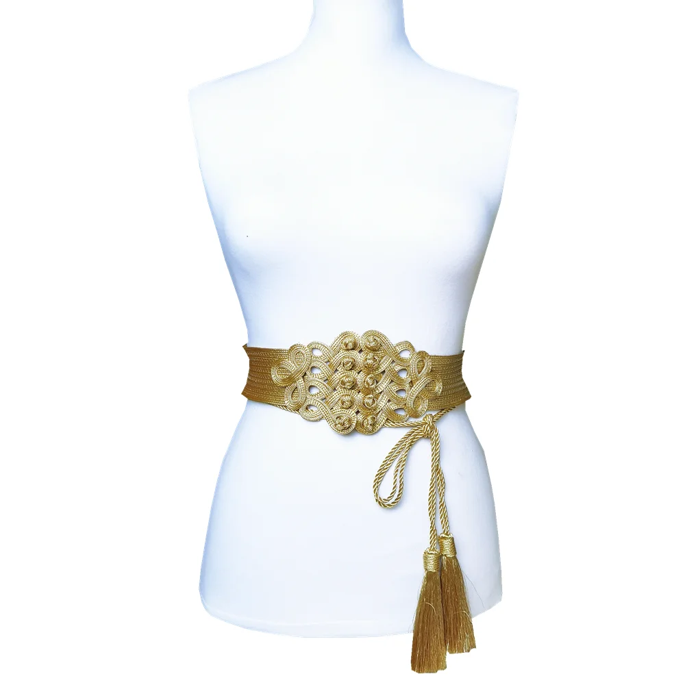 2PC Handmade Gold Cord Wide Waistband Applique Baroque Tassel Belt For Women Frog Button Decorative Waist Band AC1597