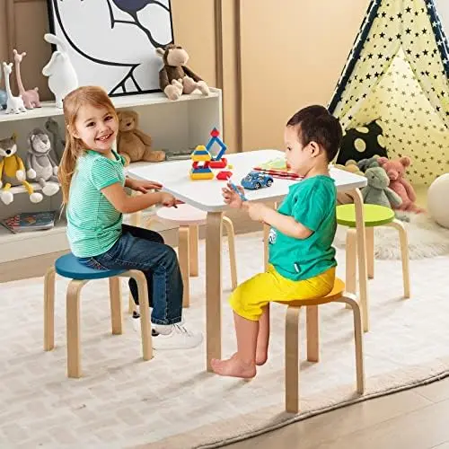 Wooden Table and Stool Set, 5-Piece Activity Table with 4 Stools for Toddler Building Block Drawing Reading Art Crafts, Children