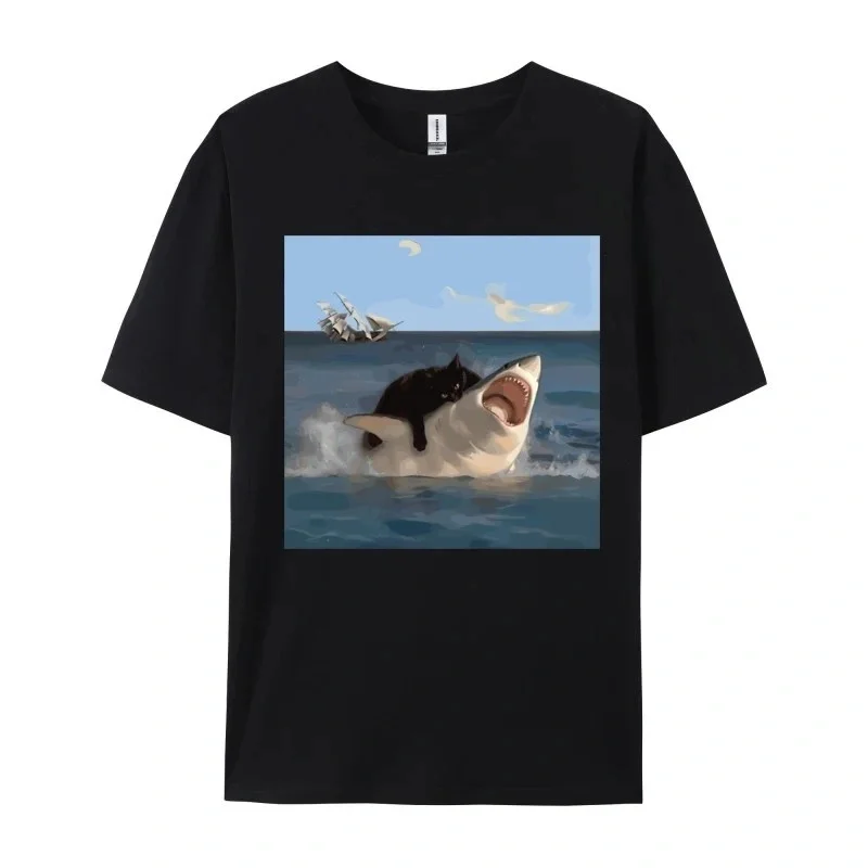 

Cat Biting Shark Funny Art And Cat Lover Забавный кот и акула с принтом Хлопковые мужские топы Рубашка Нормальные топы Рубашка Хип-хоп Футболка