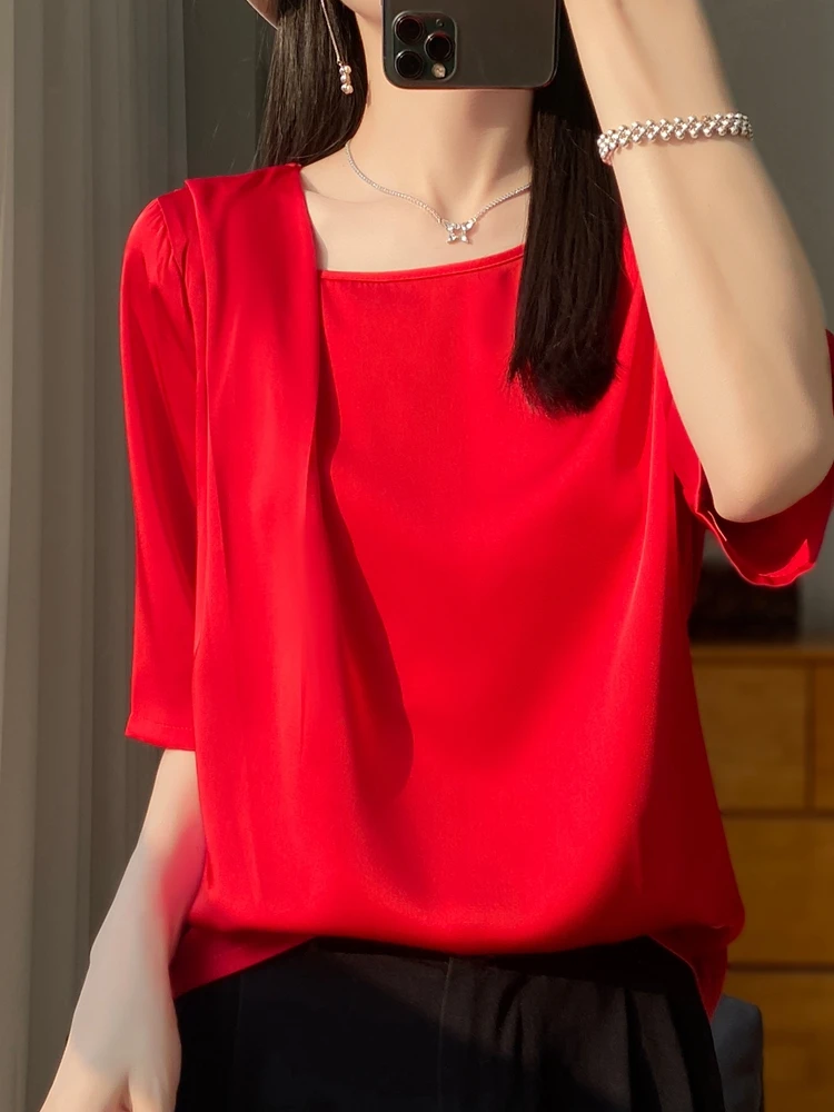 Women's O-Neck Half Sleeve Top, Folded Decorative T-Shirt, Short Sleeves, High End Elegance Tees, Thin Fashion, New Style,Summer