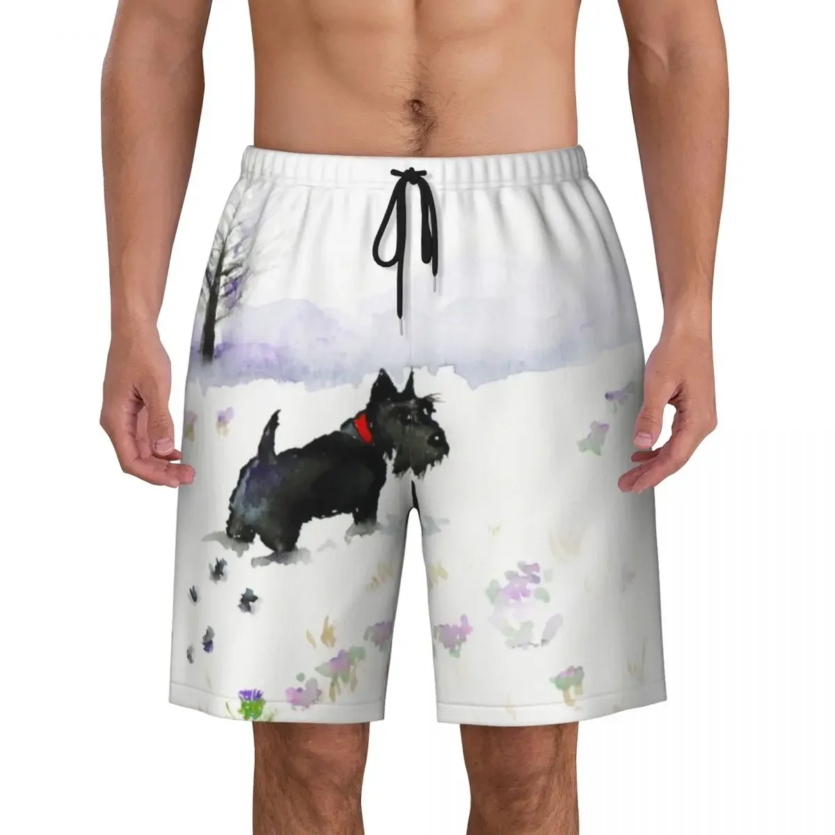 Custom Scottie Dog Waiting For A Friend Swim Trunks Mens Quick Dry Board Shorts Scottish Terrier Swimwear Suits Boardshorts