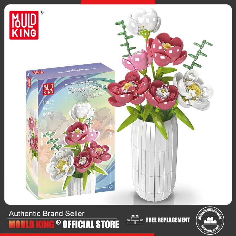 Mould King 10059 Flower Bouquet Building Block The Chinese Peony with Vase Model Assembly Decoration Toys Kids Christmas Gift