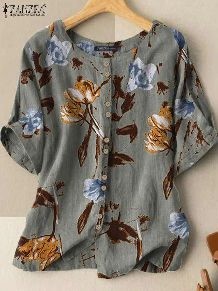 ZANZEA 2023 Kaftan Printed Tops Women Summer Blouses Short Sleeve Shirts Female Casual O Neck Floral Tunic Chemise Oversized