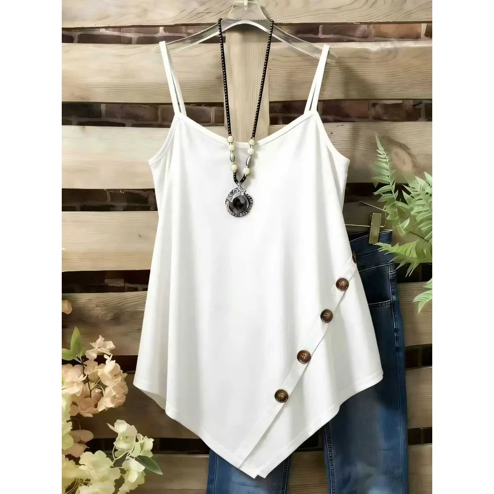 Women Adjustable Strap Button Front Camisole Solid Color Sleeveless Tank Top Casual Layering Ladies Vest Tops