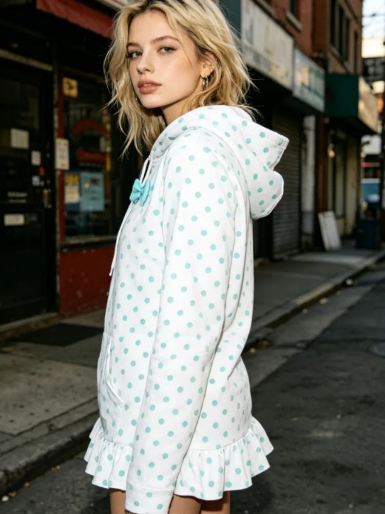 

Polka Dot Print Bow Decor Hoodie Women Zip Up Ruffle Hem Long Sleeve Casual Y2K Cute Preppy Streetwear Loose Sweatshirt