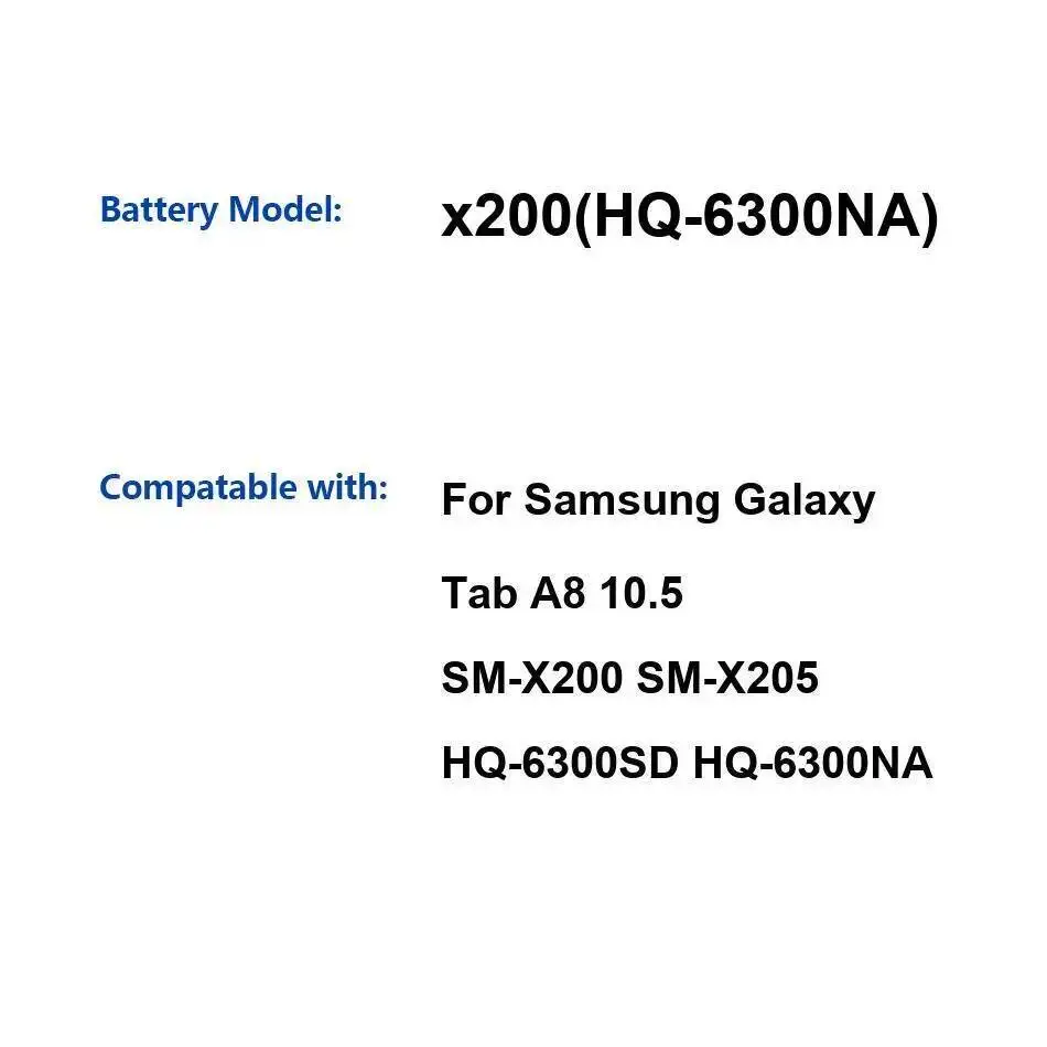 

For Samsung Galaxy Tab A8 10.5 SM-X200 SM-X205 HQ-6300SD HQ-6300NA X200 Long-Lasting Fast Charging Tablet Battery 7040Mah
