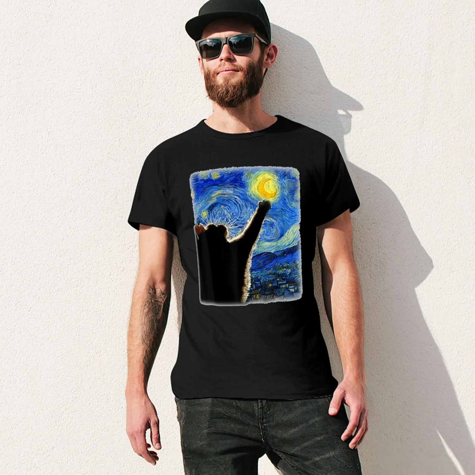 Round Neck Starry Night Cat Van Gogh Cat Cat Lover T-shirt  Move Tshirt Unique Funny Novelty Home USA Size image 6