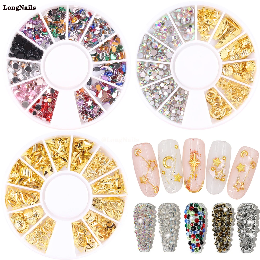 

12grid Metal Rivets Studs Nail Charms Mixed Style 3D Nail Art Gold Moon Star Ocean Round DIY Rhinestones Jewelry Nail Art Decora