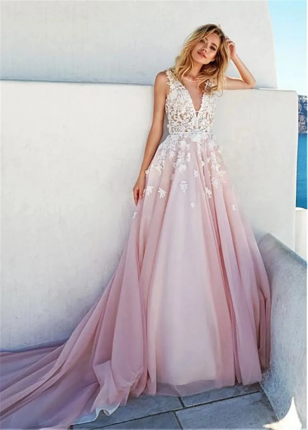 Romantic Boho Tulle Wedding Dress For Women V-Neck Sleeveless A-Line Prom Dress 3D Flowers Applique Bridal Gown Vestido De Noiva