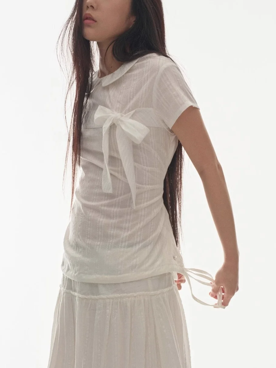 

Sweet Knot Tie ort Sve Button Doll Collar Slimming irt Top Unique SEI Summer Floral Print Straight Cut Women...