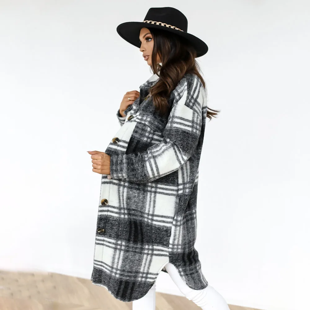 Fashion Plaid long Shirts Women winter Shirt Collared Button Woolen cloth Blouse 2021 Autumn Spring Loose Casual Streetwear Top