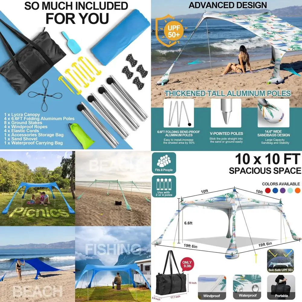

Portable 10x10ft Beach Tent with UPF50+ Sun Protection, 4 Folding Poles, Carry Bag, Sand Anchors, and Windproof Ropes for Outdoo