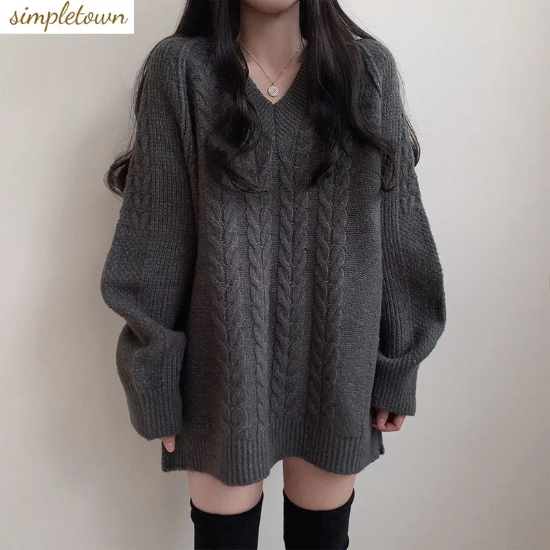 

Autumn and Winter Women's Korean Edition New Thickened Loose Fashion V-neck Knitted Sweater Trend